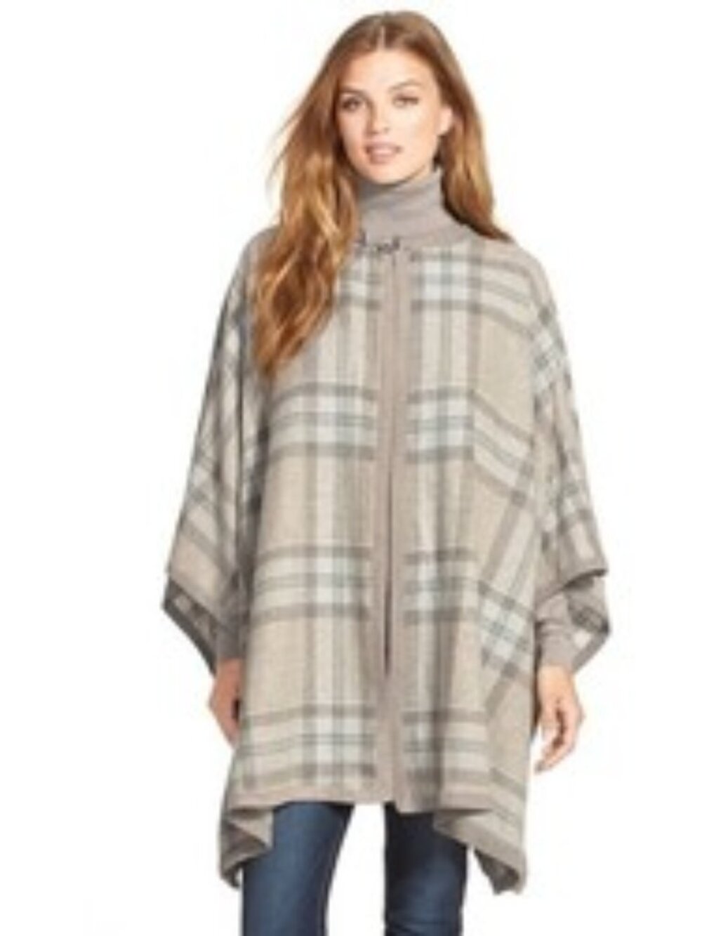 Lauren Ralph Lauren Suede-Trimmed Plaid Wool Blend Poncho in h.grey/beige
